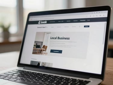 Close-up of a laptop screen showing a clean local business website homepage with clear contact button, natural office light, shallow focus on the screen, no staging