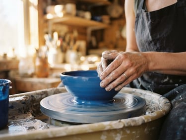 Close-up of a potter's hands gently shaping a vibrant, wet clay bowl on a wheel, warm morning sunlight streaming from the left, shallow depth of field, tactile textures, 35mm