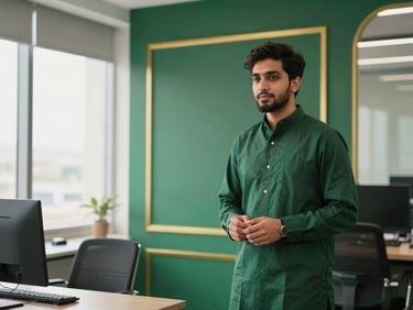 Pakistani young entrepreneur presenting a business plan in a modern office, bright daylight, professional corporate photography, deep green and gold accents, sharp focus, editorial style, 35mm