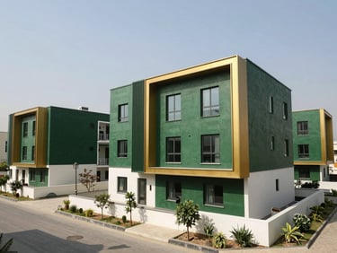 Architectural shot of a modern, planned housing community in Pakistan, clean lines, bright daylight, professional corporate photography, deep green and gold accents, sharp focus, editorial style, 35mm