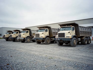 Fleet of heavy-duty dump trucks and lowbed trailers parked in a gravel yard at the Eddy Street facility, with industrial buildings in the background, overcast New England morning light, industrial documentary photography, low-angle wide shot, 35mm film grain