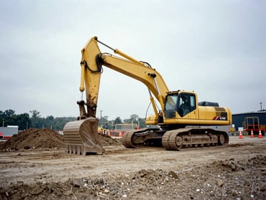 Wide shot of a large yellow excavator digging into a construction site, with dirt mounds and safety cones visible under overcast New England morning light, industrial documentary photography, low-angle wide shot, 35mm film grain