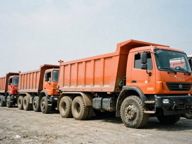 Side view of a line of bright orange dump trucks at the Eddy Street yard, tires caked with mud, harsh midday sun, industrial documentary photography, low-angle wide shot, 35mm film grain