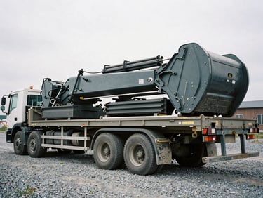 Rear view of a heavy-duty lowbed trailer loaded with a large piece of construction equipment, parked on gravel, overcast daylight, gritty desaturated tones, industrial documentary photography, 35mm film grain