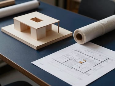 A minimalist design studio desk with a single architectural model, a roll of linen, and a structured layout printout, hard side lighting, deep navy shadows.