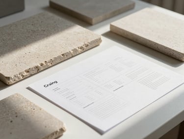 Architectural detail of a clean minimalist design workspace with raw stone samples, linen textiles, and structured brand guidelines on a desk under sharp natural light.