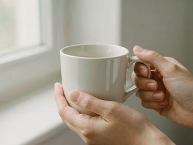Soft editorial photography of a warm ceramic mug held gently by two hands, soft natural window light, muted sage and warm cream tones, shallow depth of field, 35mm film feel