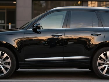 Side profile of a black luxury SUV parked under soft golden-hour light in an urban setting, sharp metallic reflections, cinematic automotive photography