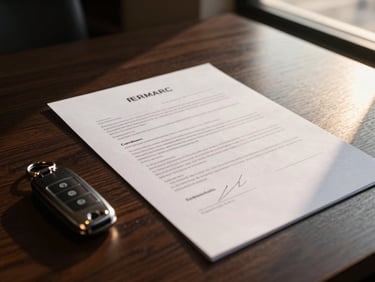 Close-up of a signed premium contract on a dark wooden desk next to a luxury car key fob, soft golden-hour window light