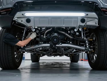 Professional automotive technician inspecting a luxury SUV chassis under crisp LED bay lights, clean modern workshop environment, sharp details