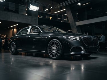 Low-angle heroic shot of a luxury sedan inside a modern, architectural showroom in Hyderabad, dramatic studio key lights reflecting on polished metallic paint, 50mm lens