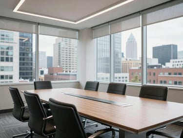 A clean, modern corporate boardroom in Western Canada with large windows overlooking a professional cityscape, bright natural light.