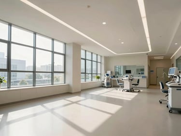 Wide-angle environmental shot of a modern clinical space, bright natural morning light streaming through large windows, clean architectural lines, professional healthcare equipment visible in the background.