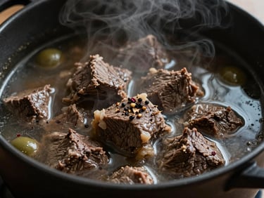 Close-up of a rich beef stew simmering in a dark ceramic pot, steam rising, cracked pepper on top