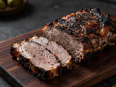 Thick cut of roasted meat on a dark wooden board, crusted with coarse black pepper, moody lighting