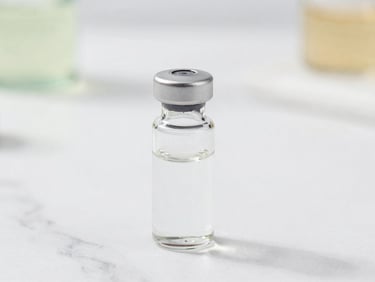 Close-up of a pristine glass vial on a white marble surface, soft natural daylight, shallow depth of field