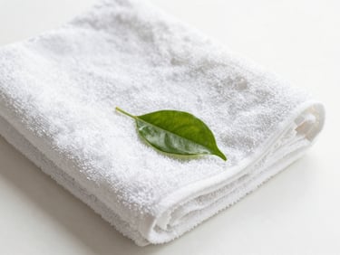 Minimalist wellness setting with clean white towels and a single green leaf, soft natural daylight