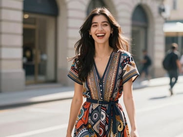 Young woman in a trendy Western dress, laughing, street style, urban backdrop, bright natural daylight, energetic youthful mood, sharp focus, 35mm lens.