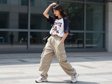 Young woman in oversized cargo pants and a graphic tee, dynamic pose, urban backdrop, bright natural daylight, energetic youthful mood, sharp focus, 35mm lens.
