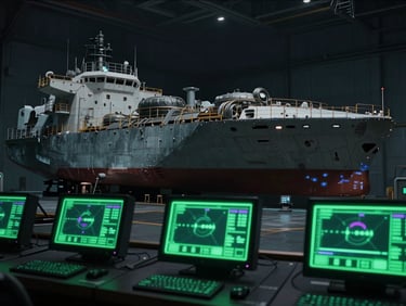 Wide-angle cinematic sci-fi shot of a massive industrial cargo ship hull in a dark hangar bay, glowing neon green telemetry screens in the foreground, cold lighting, 35mm.