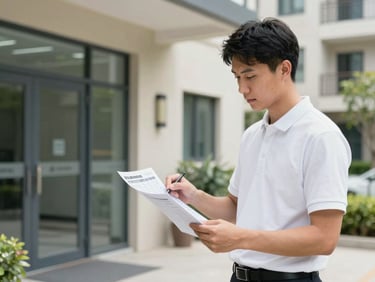 Mid-shot of a property manager in a polo shirt reviewing a printed pickup schedule at the entrance of a well-maintained apartment complex, morning natural daylight, clean organized environment, calm professional demeanor, no trash visible