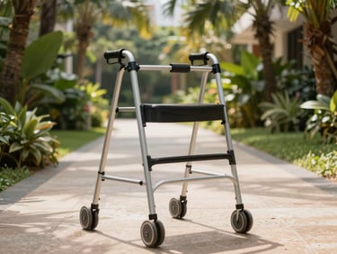 Sturdy walker with hand grips on a sunny hotel garden path, lush tropical plants in background, warm daylight, equipment resting on smooth stone pavement