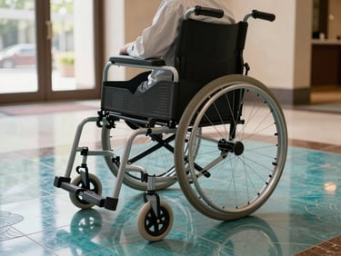 Close-up of a modern lightweight wheelchair on a smooth hotel lobby floor, turquoise decorative tile visible, warm daylight through glass doors, clean sturdy frame