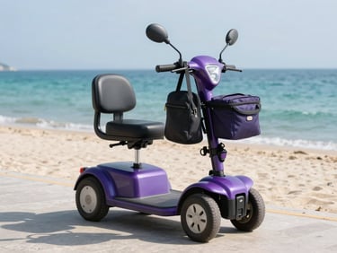 Purple mobility scooter parked on a beach boardwalk path at midday, turquoise sea visible in background, vacation bags hanging from handlebar, bright natural light