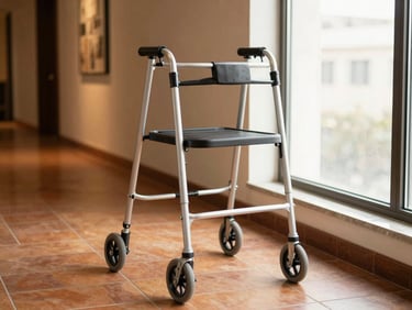 Sturdy walker with wheels resting on a hotel corridor beside a bright window, warm golden afternoon light on terracotta floor tiles