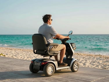 A mobility scooter on a beach boardwalk path, turquoise Caribbean water visible in background, golden afternoon light, rider enjoying an open-air coastal view