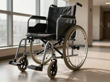 Close-up of a manual wheelchair on a smooth hotel corridor, warm morning light through large windows, comfortable cushioned seat visible, wheels on clean tile floor