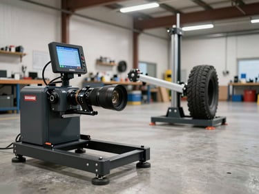 Wide workshop bay shot from the left side, Hunter Road Force Elite balancer in the foreground with its digital readout screen illuminated showing numeric data, Giuliano tire mounting arm visible mid-frame, clean concrete floor, bright even overhead lighting, no people