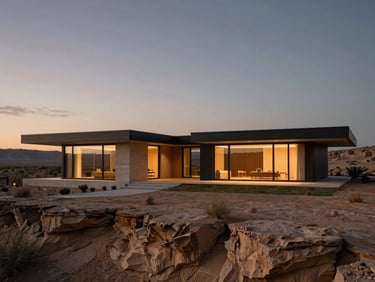 Cinematic wide shot of a modern architectural home nestled in desert cliffs at twilight, soft interior warm lights, dramatic sky.