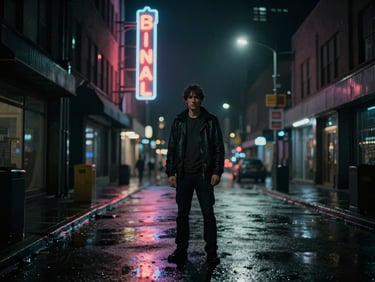 Cinematic still from a high-concept thriller, dramatic low-key lighting, a lone figure standing on a wet city street at night under a single neon sign.