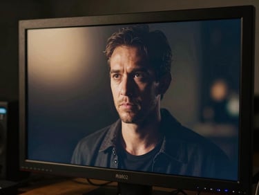 Cinematic close-up of a director's low-lit monitor displaying a high-contrast dramatic scene, soft golden anamorphic flare reflecting on the glass, dark studio background.