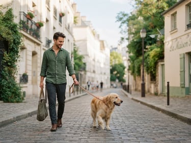 A warm editorial photograph of Davide walking a calm Golden Retriever on a leash along a quiet, sunlit Parisian street, shallow depth of field, 35mm.