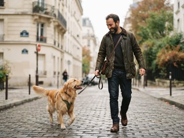 Authentic photograph of Davide with Vulcano, a playful Golden Retriever, walking on a quiet Parisian street in soft natural daylight, shallow depth of field, 35mm