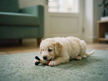 A small puppy calmly chewing a toy on a mat in a Parisian apartment, soft natural light, shallow depth of field, warm editorial photography, muted forest green and cream tones, 35mm