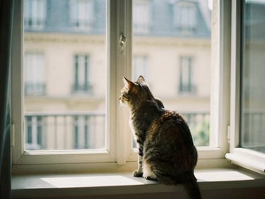 A cat observing its environment from a sunlit window sill in a Parisian apartment, soft natural light, shallow depth of field, warm editorial photography, muted forest green and cream tones, 35mm