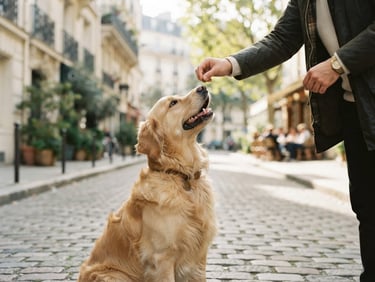 A playful Golden Retriever (Vulcano) looking up at Davide's hand, on a sunlit Parisian street, shallow depth of field, warm editorial photography, soft natural daylight, muted forest green and cream tones, 35mm