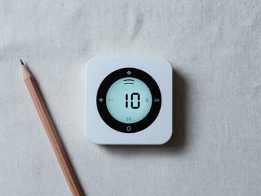 Overhead flat-lay of a slim smart thermostat resting on a pale linen surface beside a single architectural pencil, cool diffused light, no hands, editorial stillness