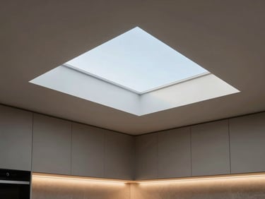 Wide environmental view of a pared-back kitchen showing a recessed smart lighting panel in the ceiling, cool daylight mixing with warm strip underneath cabinetry, no people, architectural framing