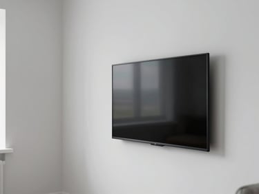 Wide environmental shot of a spare Scandinavian living room corner, a matte black smart display mounted flush on a white wall, cool north-facing daylight, no people, negative space to the left, editorial stillness