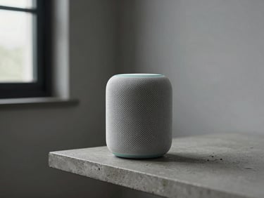 Close-up of a compact smart speaker sitting on a low concrete shelf in a minimal apartment, cool ambient light from a north-facing window, empty wall behind, no people