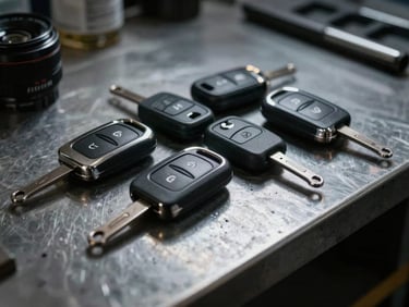 Close-up of modern clean courtesy car keys on a dark steel workbench, dramatic directional workshop lighting, sharp focus, 35mm lens