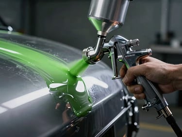 Close-up of a professional paint spray gun applying clear coat to a metallic surface, bright green paint reflections, dramatic workshop lighting