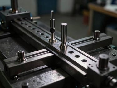 Industrial frame alignment machine in a clean workshop, metallic tools in sharp focus, high-contrast directional lighting, 35mm lens