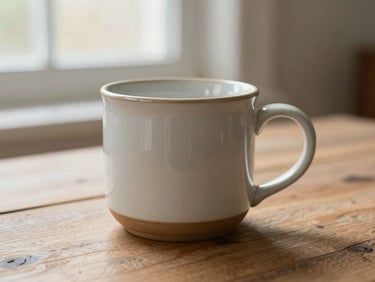 Close-up of a hand-glazed ceramic mug resting on a rustic wooden table, soft morning light, cozy atmosphere, 35mm