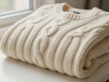 Close-up of a folded cream-colored cable knit wool sweater, showing rich texture and weave, warm lighting, 35mm