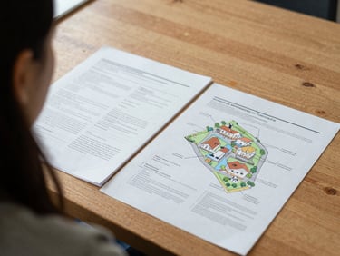 Over-the-shoulder view of neighborhood planning documents on a wooden work table, natural daylight, candid 35mm documentary style.